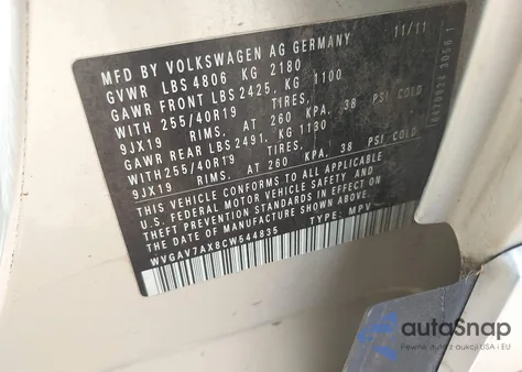 2012 Volkswagen Tiguan Sel из США, поврежденный, VIN WVGAV7AX8CW544835